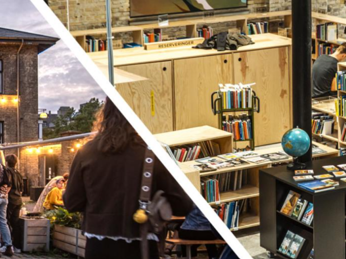 Todelt billede - halvdelen er et kulturhus, halvdelen er et bibliotek