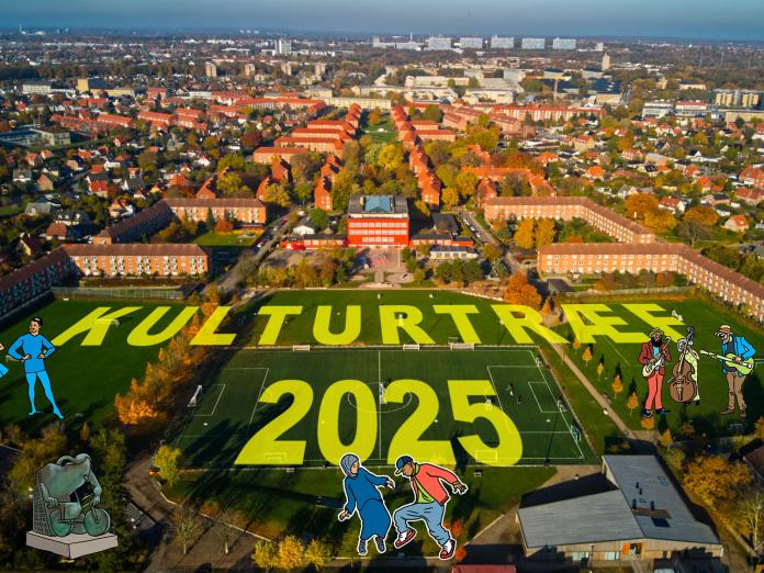 flyvefoto af husumparken og versaler indsat i gult: Kulturtræf 2025