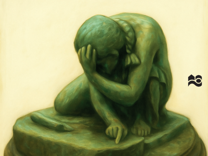 billede i gønt og gult af en pige der sidder foroverbøjet