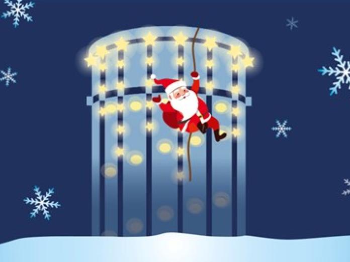 et tegnet julebillede af en julemand, som rappeller ned af et vandtårn med lyskæder
