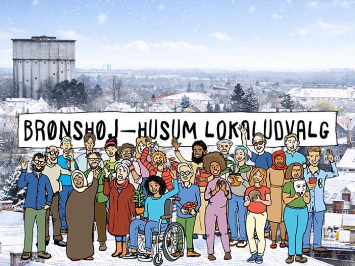 kollage med vinterfoto og tegnede mennesker