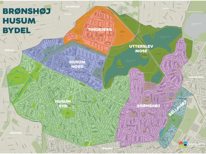 Et kort over bydelen Brønshøj-Husum inddelt i kvarterer