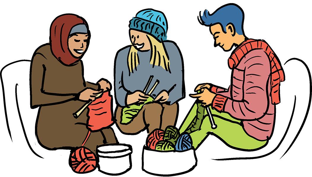 Illustration af tre personer, der strikker sammen